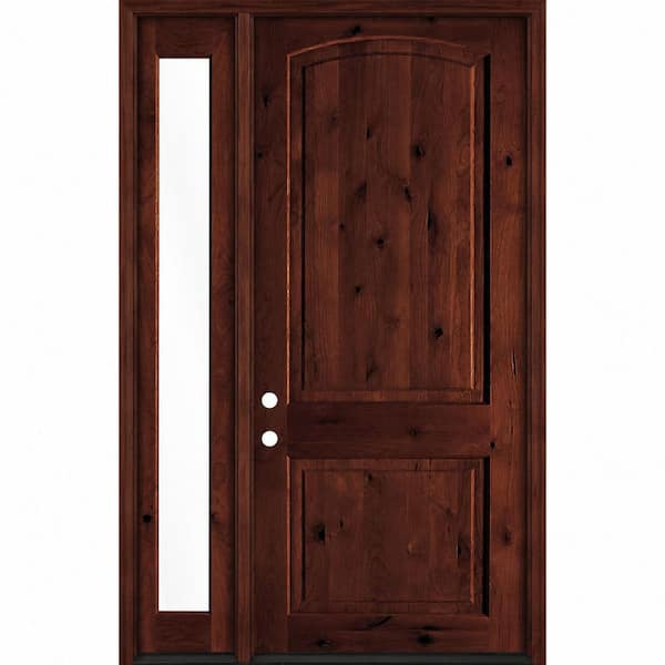 44 in. x 96 in. Knotty Alder 2 Panel Right-Hand/Inswing Clear Glass Red Mahogany Stain Wood Prehung Front Door LFSL