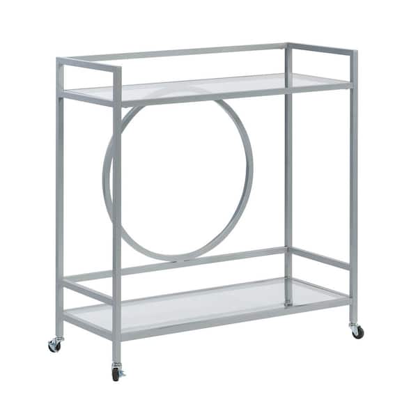 SAUDER International Lux Silver Serving Cart with Glass Shelves and Locking Casters in Metal Frame