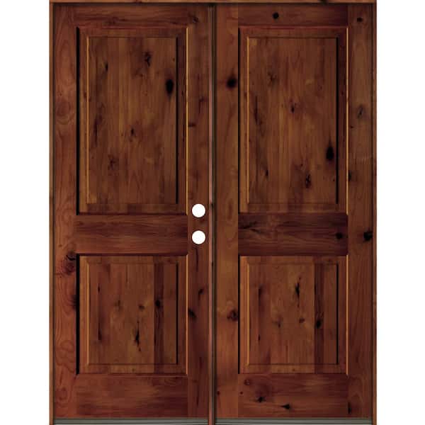 Krosswood Doors 60 in. x 80 in. Rustic Knotty Alder 2-Panel Square Top Red Chestnut Stain Left-Hand Wood Double Prehung Front Door