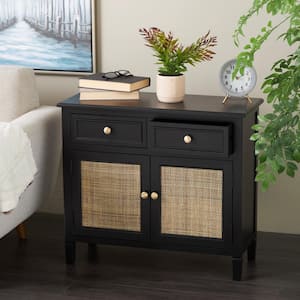 Black Wood 26 in. 2 Drawers and 2 Door Cabinet with Rattan Front