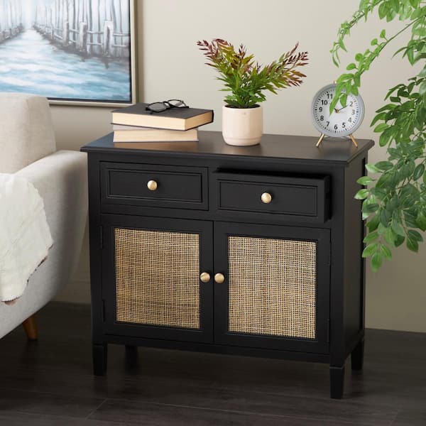 Litton Lane Black Wood 26 in. 2 Drawers and 2 Door Cabinet with Rattan Front
