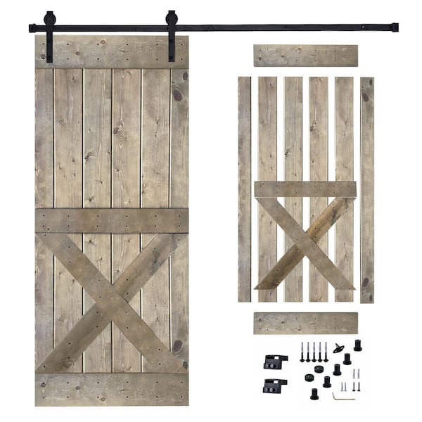 Akicon 30 in. x 84 in. Dark Walnut Painted Wood Sliding Door with Hardware Kit, Pre-Drilled Ready to Assemble