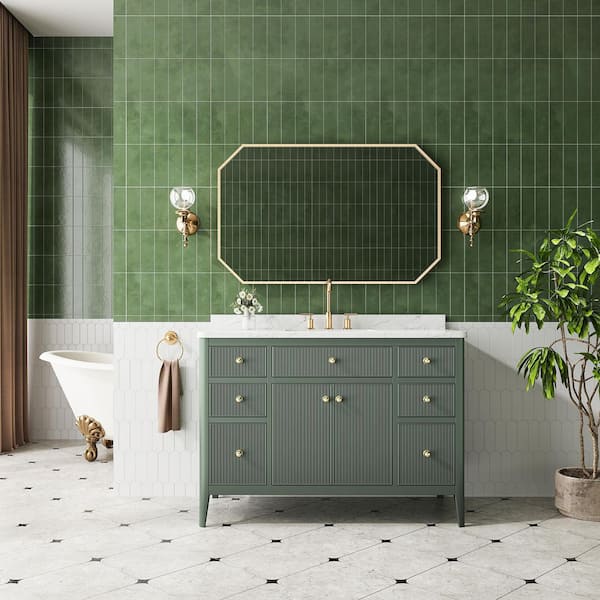 48 in. Single Sink Solid Wood Green Bath Vanity with White Cultured Marble Top, Fully Assembled