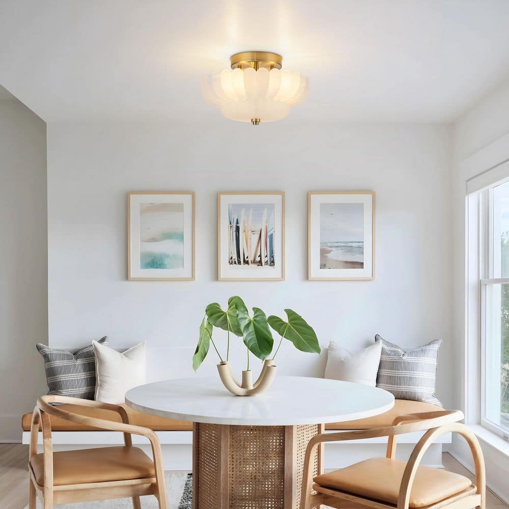 Petalia 11.61 in. 3-Light Gold Modern Vintage Frosted White Scalloped Glass Bowl Semi-Flush Mount Ceiling Light price history on PriceWatchPro