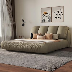 High End Cinerous, Stone Gray Wood Frame Queen Velvet Upholstered Platform Bed with Padded Backrest, Pleating Bed Body