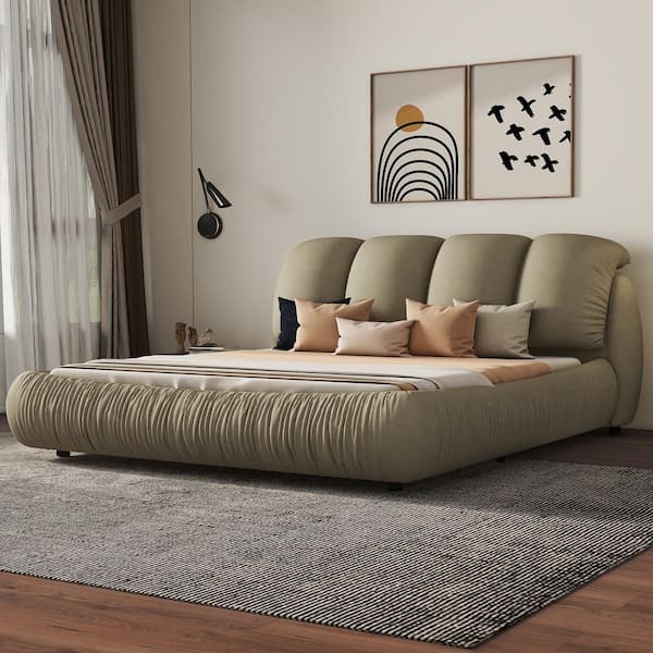 Harper & Bright Designs High End Cinerous, Stone Gray Wood Frame Queen Velvet Upholstered Platform Bed with Padded Backrest, Pleating Bed Body