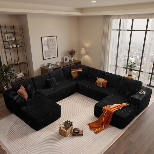 VB 135 in. Wide Arm 6-Piece Modern Plush Corduroy U-Shape Modular Sectional Sofa Chaise in. Black with Ottoman