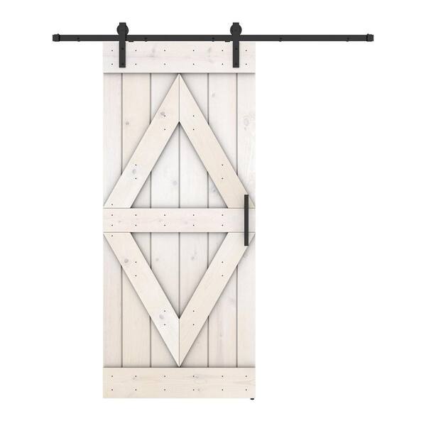 Dessliy Diamond Series 30 in. x 84 in. Fully Set Up White Finished Pine Wood Sliding Barn Door with Hardware Kit