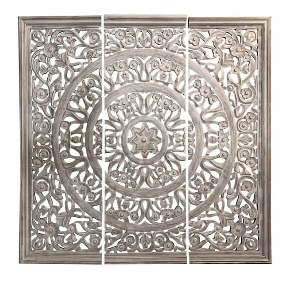 17-inch Floral Teak Wood Carving Wall Round Panel Art Handcraft Wall Sculpture 