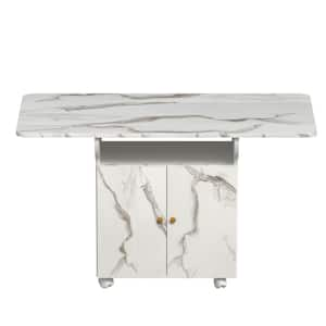 White Marble Finish Wood 47 in. Kitchen Island Dining Table with Folding Tabletop and 2-Door Storage Cabinet