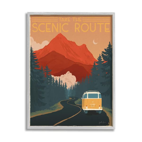 Stupell Industries The Scenic Route Phrase Mountain Travel By Janelle Penner Framed Print Typography Texturized Art 24 in. x 30 in.