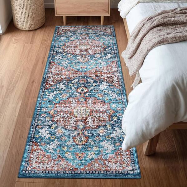 Ultra Thin Washable Rug 2x6ft Vintage Printed Carpet Foldable Indoor Decorative Carpet, Blue