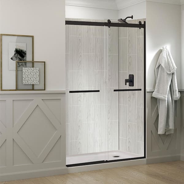 CRAFT + MAIN Lagoon Dbl Roller 60 in L x 30 in W x 78 in H Right Drain Alcove Shower Stall Kit in Driftwood and Matte Black Hardware