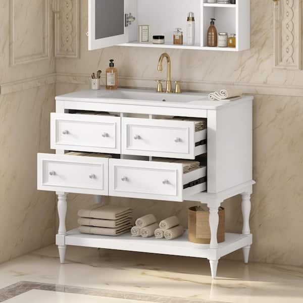 36 in.  White Solid Wood Freestanding Bathroom Vanity with 4-Drawers and Undermount Ceramic Sink