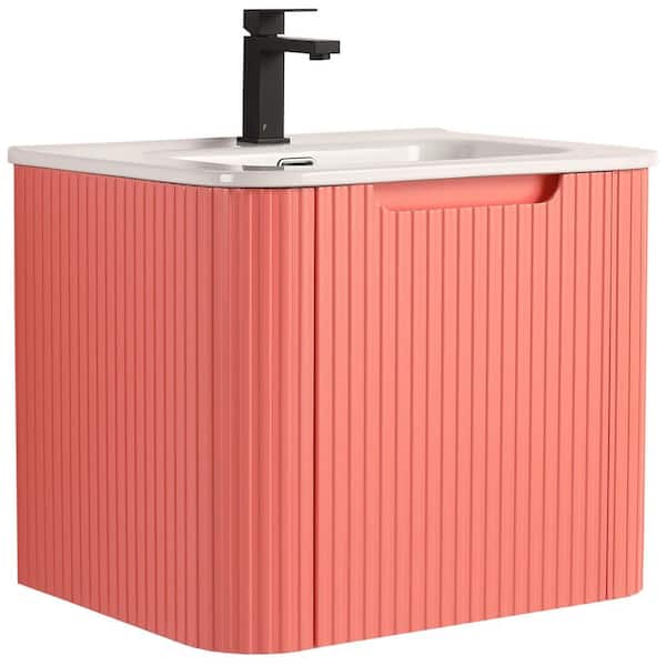 Caskvalley 24 in. Floating Bath Vanity in Coral Pink with White Ceramic Sink Top Assembled