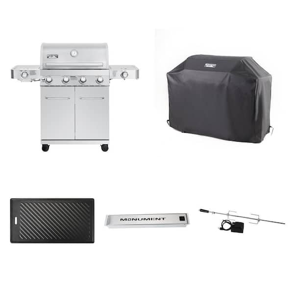 4-Burner Stainless Grill with Side Sear, Cover, Cast Iron, Smoke Box, Rotisserie