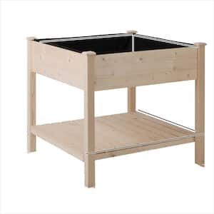 Wood Planter with Storage Shelf, 2-Tiers Elevated Wooden Plant Stand with Drainage Holes, Natural