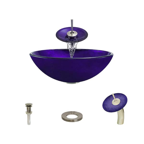MR Direct Glass Vessel Sink in Foil Undertone Purple with Waterfall Faucet and Pop-Up Drain in Brushed Nickel