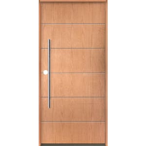 TETON Modern Faux Pivot 36 in. x 80 in. Right-Hand/Inswing 6-Grid Solid Panel Teak Stain Fiberglass Prehung Front Door