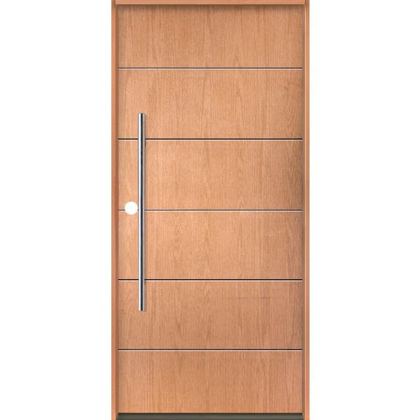 Krosswood Doors TETON Modern Faux Pivot 36 in. x 80 in. Right-Hand/Inswing 6-Grid Solid Panel Teak Stain Fiberglass Prehung Front Door
