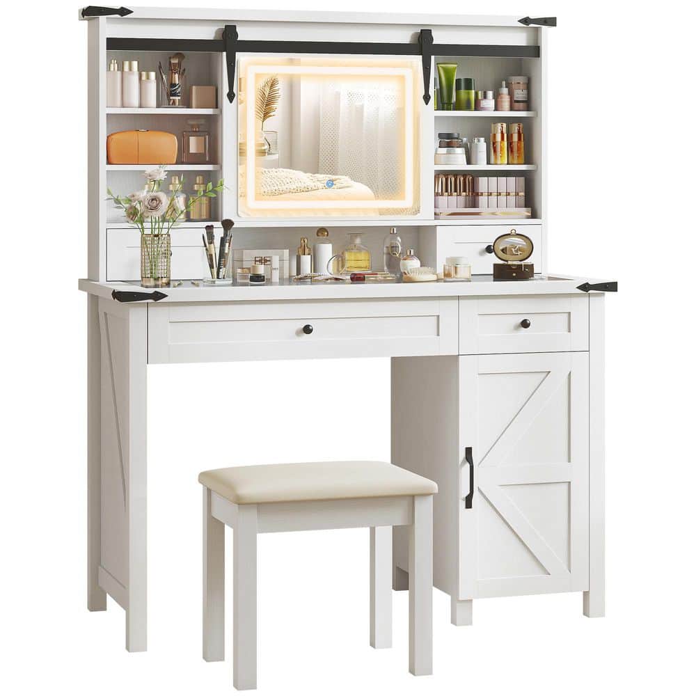 42 in. Glass Top Makeup Vanity Set with Mirror and Lights, Stool, Dressing Table with Storage Drawer, Cabinet, White price history on PriceWatchPro