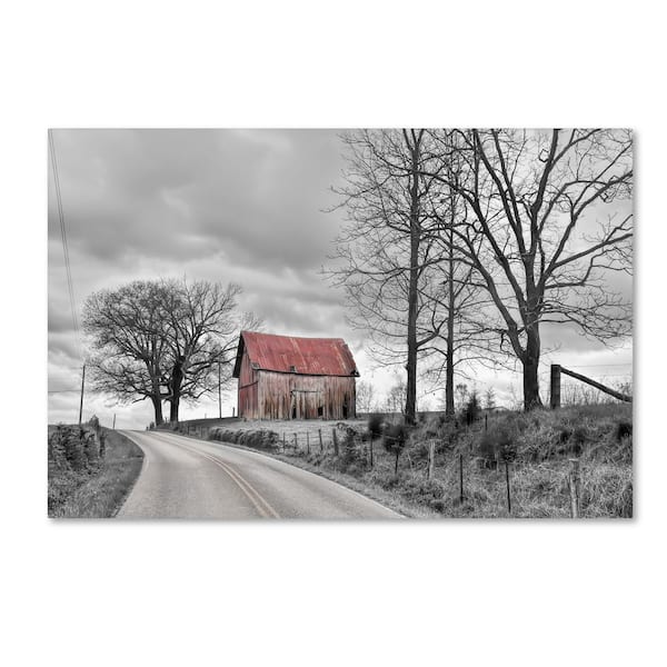 Trademark Fine Art 22 in. x 32 in. Springs Barn And Road Bw by Bob Rouse Hidden Frame Country Wall Art