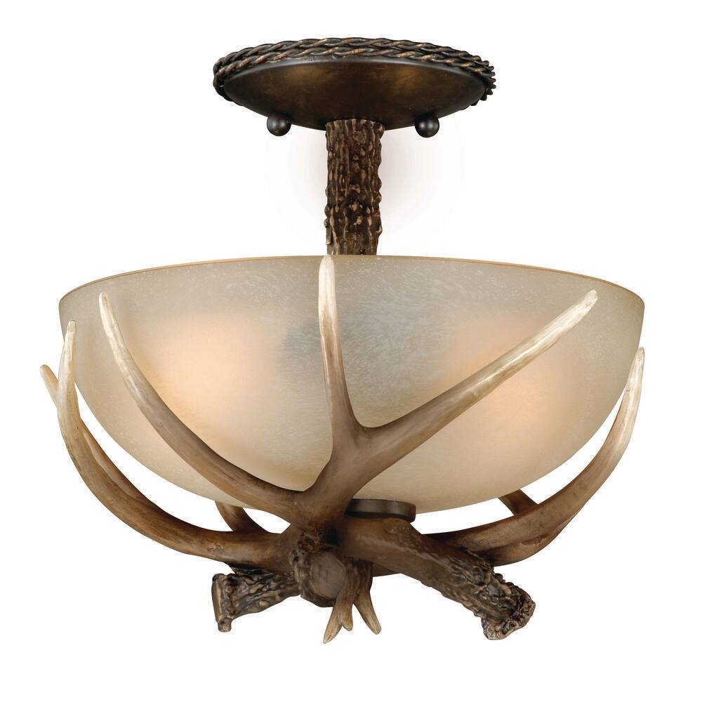 Rustic Antler 12" Black Walnut Semi-Flush Ceiling Light with Creme Glass