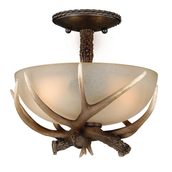 Yoho 12-in W Bronze Rustic Antler Bowl Semi Flush Mount Ceiling Light Cream Glass