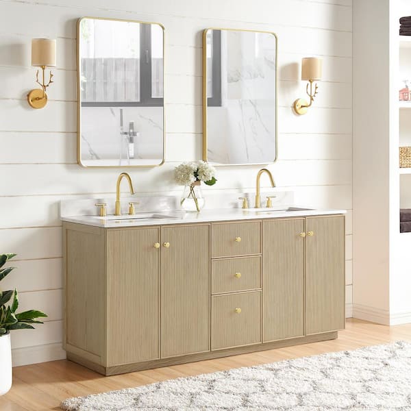 Oza 72 in. W x 22 in. D x 33.9 in. H Double Sink Bath Vanity in Natural Oak White Quartz Stone Top Mirror