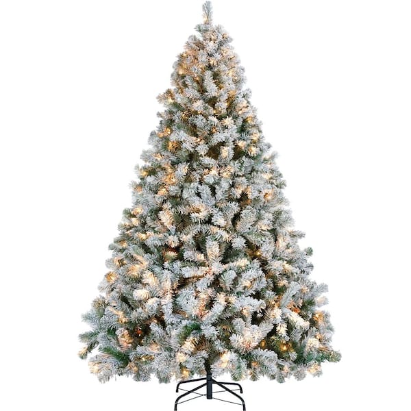 Pre-Lit Flocked Artificial Christmas Tree Hinged Fir Holiday Decorative with Foldable Stand