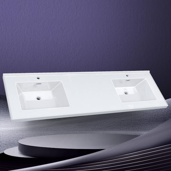 72 in. W x22 in. D Solid Surface White Rectangular Double sink Vanity Top with Backsplash & Basin Predrilled Faucet Hole
