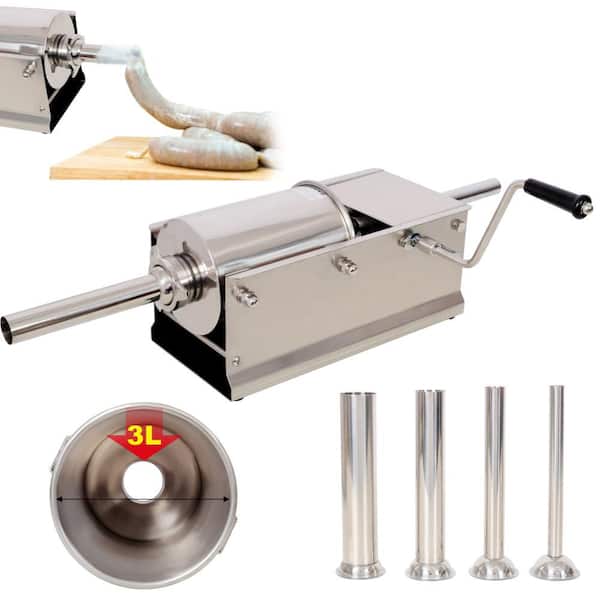3L/7 lbs. Horizontal Sausage Stuffer, Stainless Steel, Manual Sausage Maker, With 4-Piece Filling Nozzles