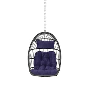 28.5 in. 1-Person UV Resistant Frame and Wicker Egg Swing with Dark Blue Cushions