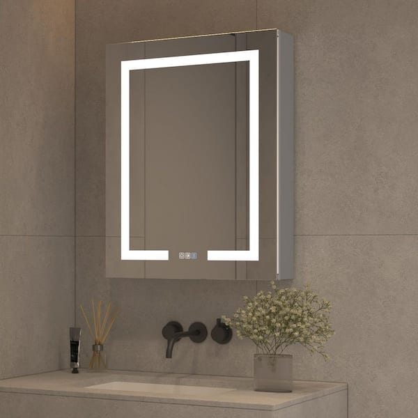 24 in. W x 30 in. H Rectangular Silver Aluminum Recessed/Surface Mount Left Hinge Dimmable Medicine Cabinet with Mirror