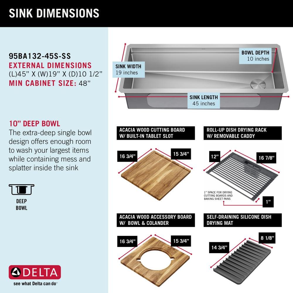 Delta 45" Stainless Steel Workstation Kitchen Sink with Accessories