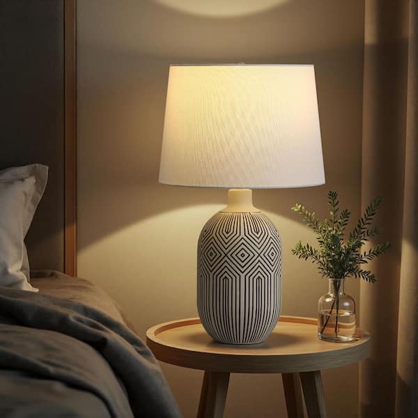 23 in. Set of 2 Modern Black and White Ceramic Table Lamps with Linen Shades and Rotary Switches