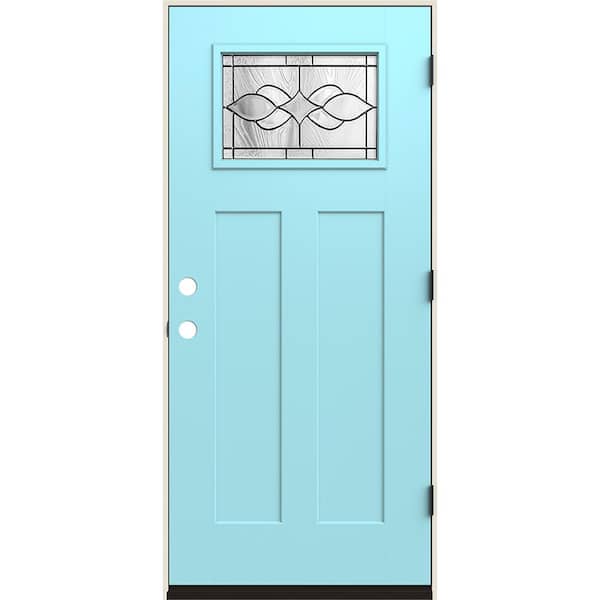 36 in. x 80 in. Left-Hand 1/4 Lite Craftsman Carillon Decorative Glass Caribbean Blue Fiberglass Prehung Front Door