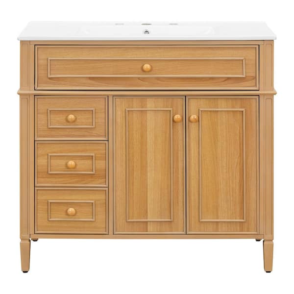 36 in. Freestanding Brown Bath Vanity with White Ceramic Top 3 Drawers, 2 Soft-Close Doors