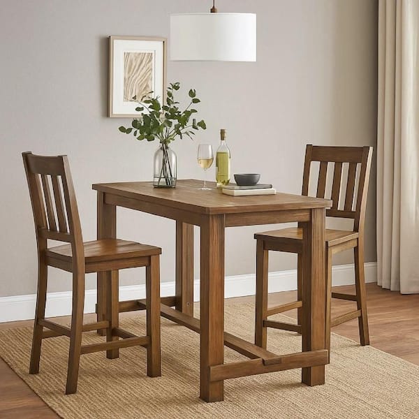 Brown Wood Top Bar Height Table with Thick Block Legs