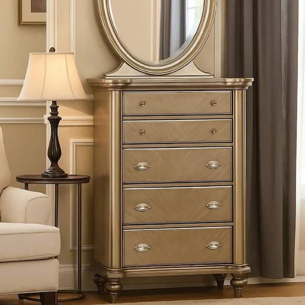 Benjara Brown 5-Drawer Pine Wood Tall Chest of Drawers Dresser with Chevron Pattern
