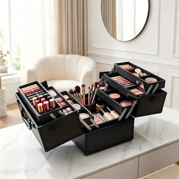 Tatayosi 14 in. Professional Large Makeup Train Case, Lockable Cosmetic Organizer Box with 6 Adjustable Trays in Black P-DJ-P408006