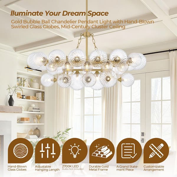 KLOOOR 41 in. 12-Light Dimmable Clear Glass Globe Bubble Gold