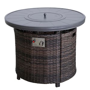 32 in. 55000 BTU Round Aluminum Wicker Outdoor Propane Gas Fire Pit Table with Lid, Espresso