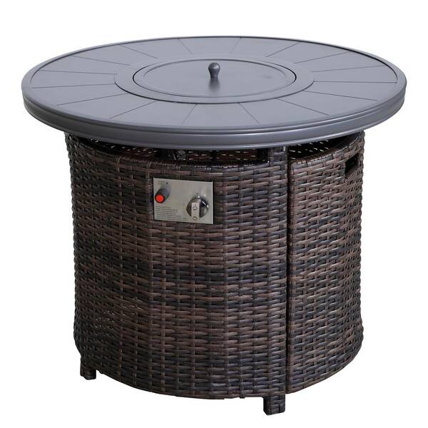 ToolCat 32 in. 55000 BTU Round Aluminum Wicker Outdoor Propane Gas Fire Pit Table with Lid, Espresso