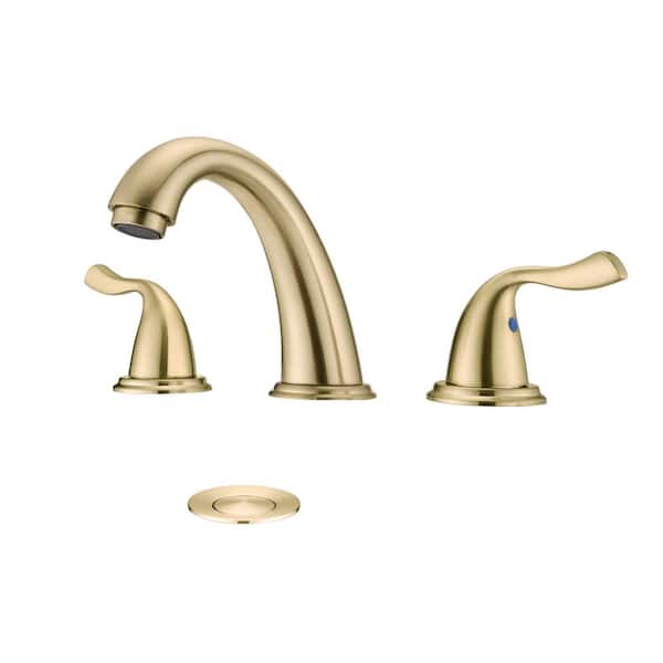 Aurora Decor ABA deck-mount 8 in. Widespread Double Handle Bathroom Faucet Drain Kit Included in Brushed Gold (1-Pack)