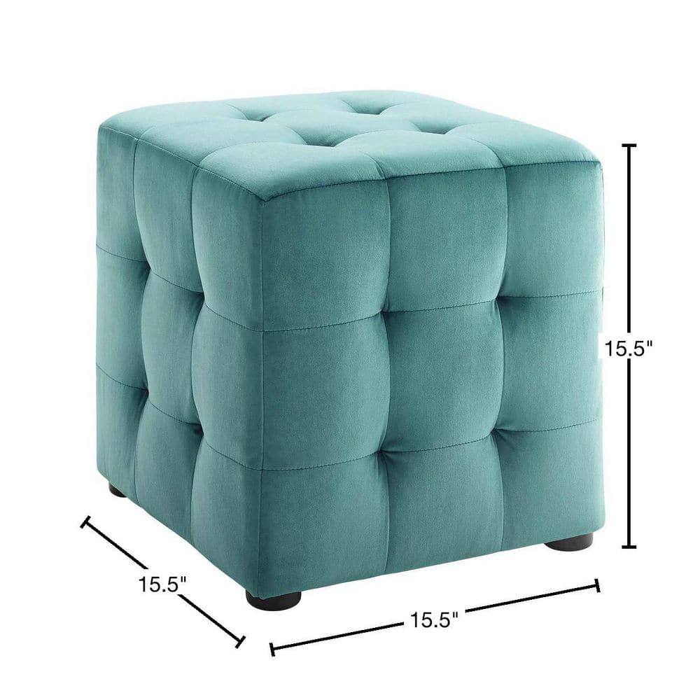 Teal Tufted Velvet Cube Ottoman with Button Details