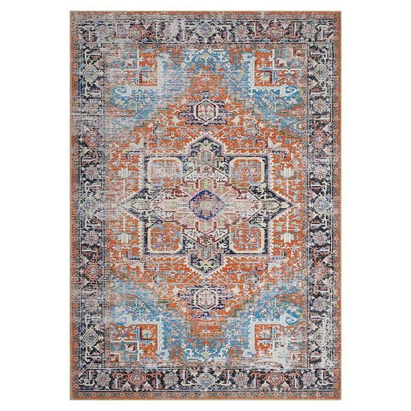 Orange 8 ft. x 10 ft. Persian Stain Resistant Floral Print Area Rug