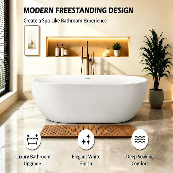67 in. x 31 in. Acrylic Freestanding Soaking Bathtub in White with Overflow and Drain Included
