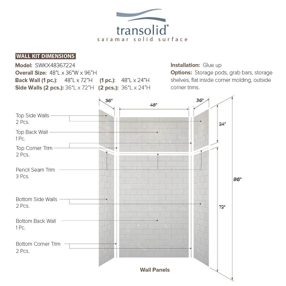Lunar Gray Subway Tile 48'' x 96'' Solid Surface Shower Wall Kit