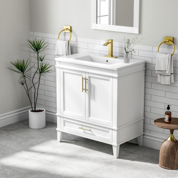 30 in. W Freestanding Single Sinks White Bath Vanity with White Ceramic Top and Bottom Drawer Unassembled